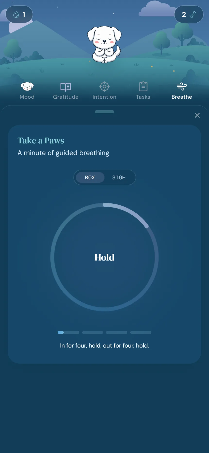 Take a Paws: a minute of guided box breathing, with Paws meditating on the hill
