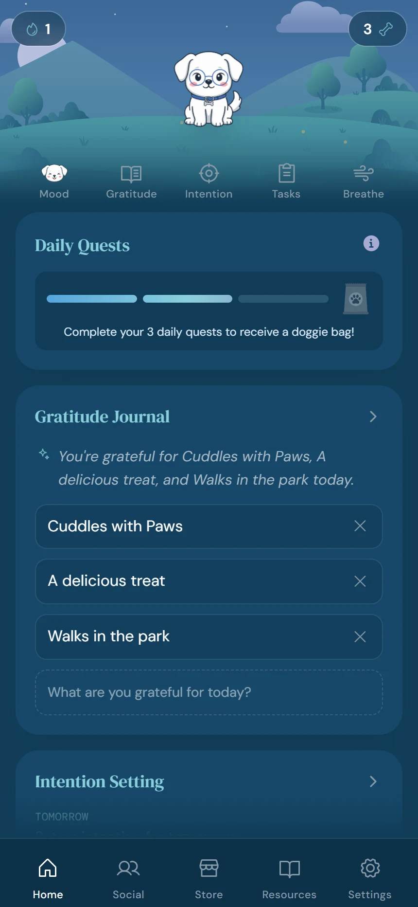 The gratitude journal: three entries — cuddles with Paws, a delicious treat, walks in the park — with Paws on the hill in his collar and glasses
